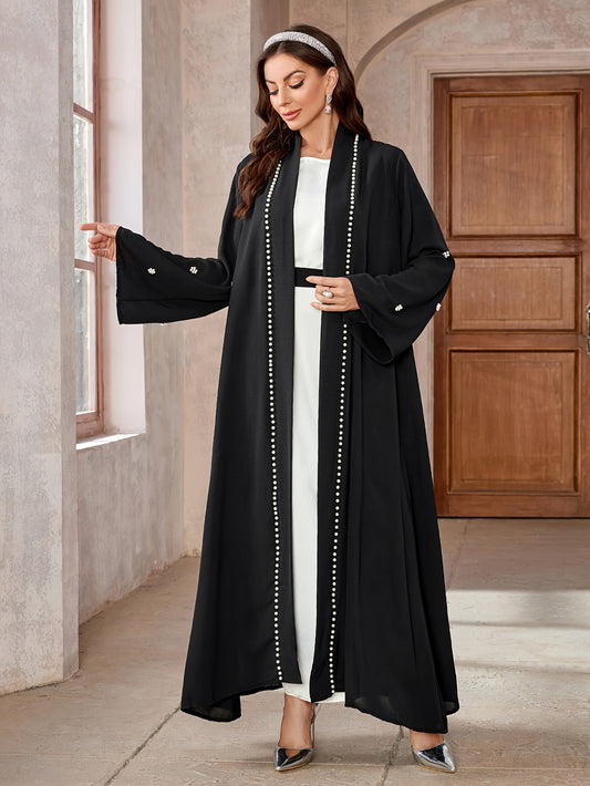 Ramadan Glamour - Solid Beaded Open Front Burqa Maxi Dress with Belted Waist - Timeless & Elegant Womens Clothing for Ramadan