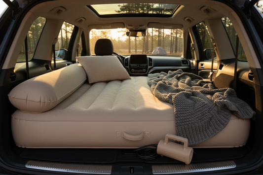 Sleeping in Car Bed Air Mat – A portable inflatable mattress with pump, designed to transform your car into a cozy sleeping space for road trips, camping, or long journeys.