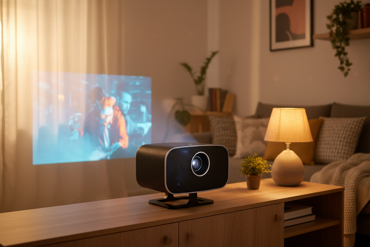 The A10 LED Projector delivers a perfect blend of performance and aesthetics, designed for home cinema lovers and professional use alike. Featuring a sleek black mesh front, solid base stand, and sharp lens, the A10 supports Full HD resolution with 4K input compatibility for ultra-clear visuals. It’s a great choice for movie nights, gaming, business presentations, and more.
make the photo like normal life style